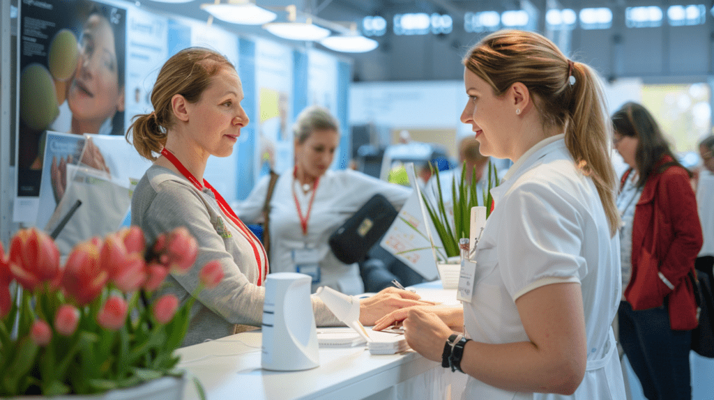 a woman talking to a woman at a desk