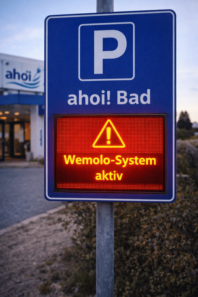 Parkplatz-Hinweis am Thalassozentrum ahoi! Bad Cuxhaven mit Wemolo-System.